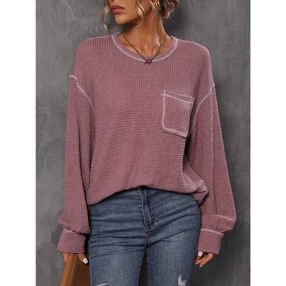 Minimalist Bishop Sleeve Pocket Patched Topstitching Tee waffle thermal - Picture 3 of 10